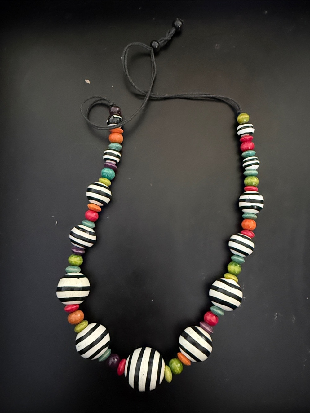Handmade Black & White Striped Bead Necklace with Multicolor Accents